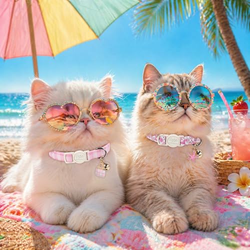 2 Pack Pink Cat Collars - Summer Breakaway Girl Cat Collars, Adjustable Kitten Safety Collar for Small Dogs Puppy, Cute Plaid & Mermaid Pet Collar with Bell & Pendant - color: Pink Plaid&Mermaid