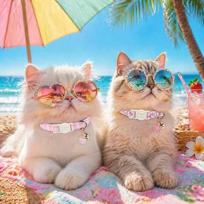 2 Pack Pink Cat Collars - Summer Breakaway Girl Cat Collars, Adjustable Kitten Safety Collar for Small Dogs Puppy, Cute Plaid & Mermaid Pet Collar with Bell & Pendant - color: Pink Plaid&Mermaid