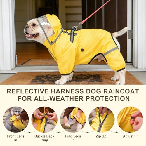 BEAUTYZOO Dog Raincoat for Small Medium Dogs Puppy,Waterproof Dog Rain Jacket with Harness Built-in & Detachable Hood, Zip Up Pet Rain Coat,Reflective Windproof Full Body Coverage Poncho for Rain Snow - size: XL(Back 18", Chest 25.5", Neck 18")