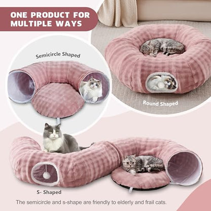 Bubble Cat Tunnel for Indoor Cats, Round Peekaboo Cave Toy with Dangling Balls, Donut Tunnel Bed with Circle Mat for Puppy Kitten Rabbit, Dusty Pink - color: Dusty Pink