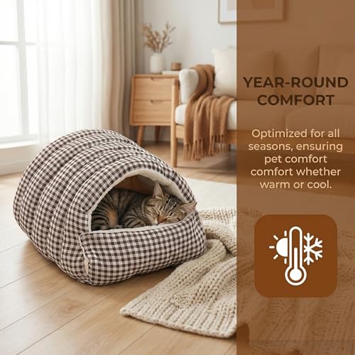 Small Cat Dog Cave Bed Calming Pet Nest Warm Plush Covered Cat House with Hooded Blanket Removable Hooded Blanket Cushion Washable Soft Calming Indoor Cat Bed(Gray, Medium) - color: Gray, size: Medium