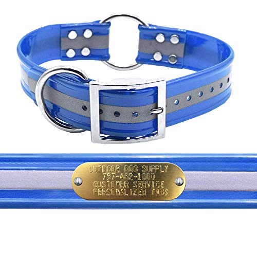 Outdoor Dog Supply 1.5" Wide 25" Long Reflective Purple Waterproof Collar with Center Ring & Custom Brass Name Plate – Durable, Odor-Resistant for Large & XL Breeds - color: Reflective Light Blue, size: 25" Long