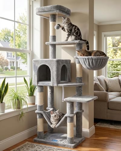 Hey-brother Cat Tree with Large Hammock, Multi-Level Cat Tower for Indoor Cats, Cat Condo with Sisal-Covered Scratching Posts and Top Perch, Light Gray MPJ050W - color: Light Gray