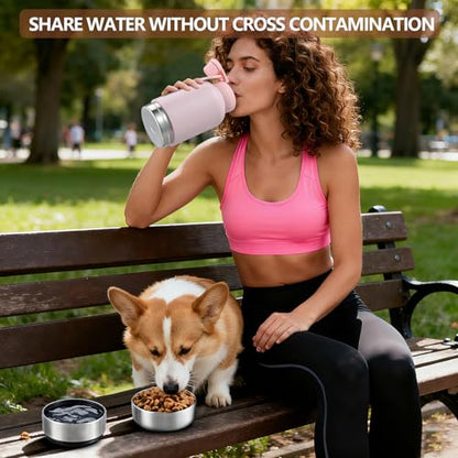 Cibaabo Insulated Dog Water Bottle with 2 Bowls, 32oz Travel Stainless Steel Double Wall Thermos, Portable Pet Dispenser, Gifts for Puppy Small Medium Dogs Walking Hiking and Camping - color: Blush Pink