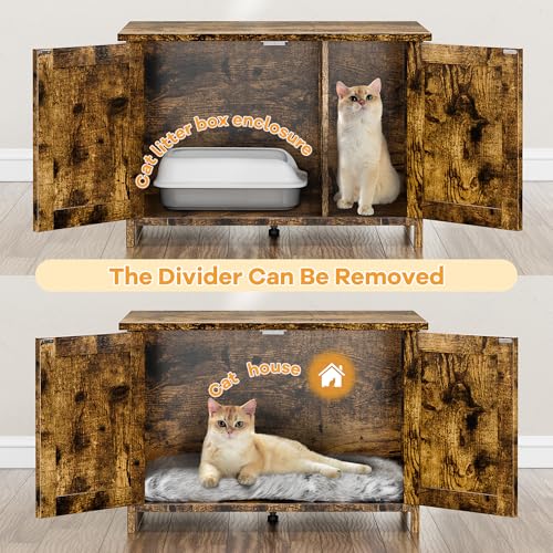 Shintenchi Cat Litter Box Enclosure, Litter Box Furniture Hidden with Removable Divider, Cat House with End Table, Brown, 31.5 inch - color: Brown