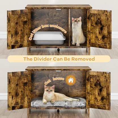 Shintenchi Cat Litter Box Enclosure, Litter Box Furniture Hidden with Removable Divider, Cat House with End Table, Brown, 31.5 inch - color: Brown