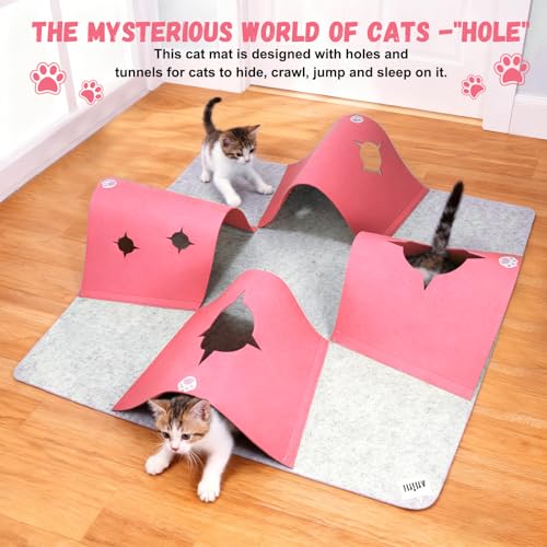 35.4" Large Interactive Felt Cat Activity Play Mat – Ripple Style Hide & Seek Tunnel with Hanging Ball, Foldable Snuffle Mat for Indoor Cats, Kittens, Rabbits, Small Pets, Pink - color: Grey-Pink