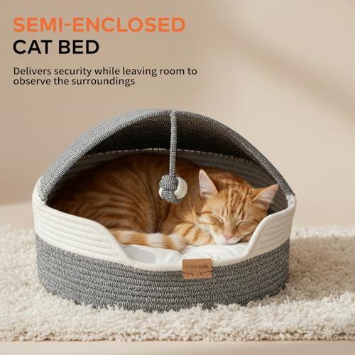 Cat Basket Bed with Washable Cushion and Ball Rope Cotton, Covered Pet Bed for Indoor Cats Cave Bed Hooded, Stimulicat Cat Bed Handwoven Breathable, All Season Universal(Blue) - color: Blue