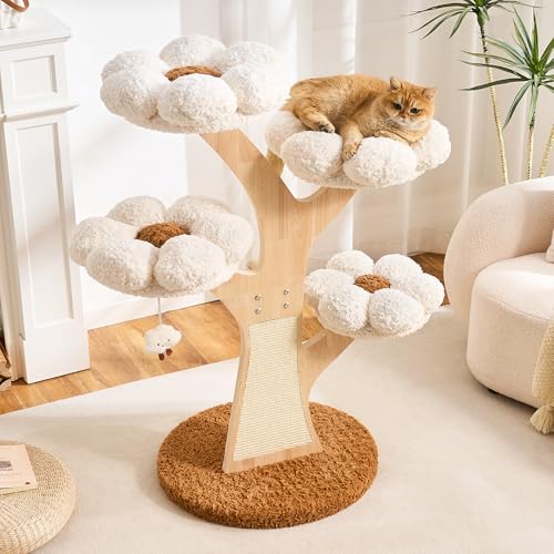 797Audio Flower Cat Tree, 48" Wood Branch Cat Tower, White Cloud Cat Tree with Scratching Post for Indoor Adult Cats, Luxury Cat Tree with Cozy Perches & Interactive Squeaky Hanging Toy - color: White, size: 48"