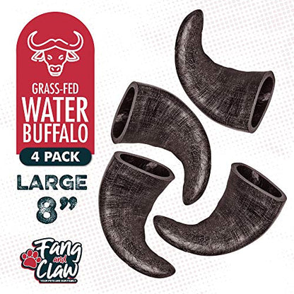4 Pack Water Buffalo Horns for Dogs, Large 8 Inch - Natural Antler & Rawhide Bone Alternative for Aggressive Chewers, Long Lasting Single-Source Grass-Fed Dog Chew - style: 4 Horns - Large 8"