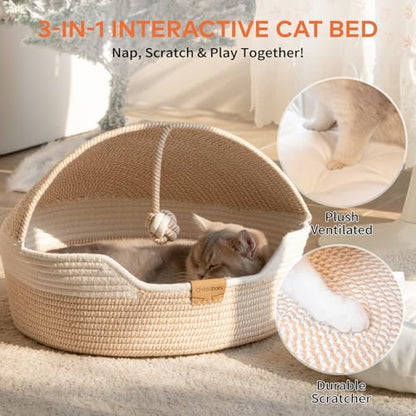 Cat Basket Bed with Washable Cushion and Ball Rope Cotton, Covered Pet Bed for Indoor Cats Cave Bed Hooded, Stimulicat Cat Bed Handwoven Breathable, All Season Universal(White) - color: White