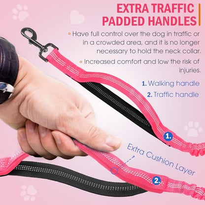 Hands Free Dog Leash with Waist Belt – No-Pull Bungee, Dual Padded Handles & Zipper Pouch for Running, Walking & Training – Adjustable Waist Leash for Large & Medium Dogs (Pink) - color: Pink