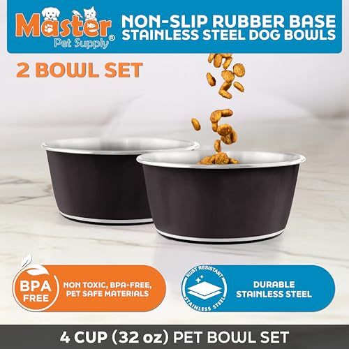 Master Pet Supply Stainless Steel Dog Bowls Set of 2 (32 Oz Each) with Non-Slip Rubber Base - Black Velvet - Basic Dog Food Bowl Water & Food Bowls for Small Medium Large Dogs & Cats, Metal Dish - color: Black Velvet, size: 4 Cups (32 oz) 2 Pack