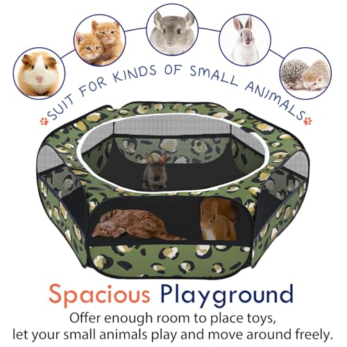 Pawaboo Small Animals Playpen, Waterproof Small Pet Cage Tent with Zippered Cover, Portable Outdoor Yard Fence with 3 Metal Rod for Chick/Kitten/Puppy/Guinea Pig/Rabbits/Hamster, Leopard Print - color: T-Leopard Print