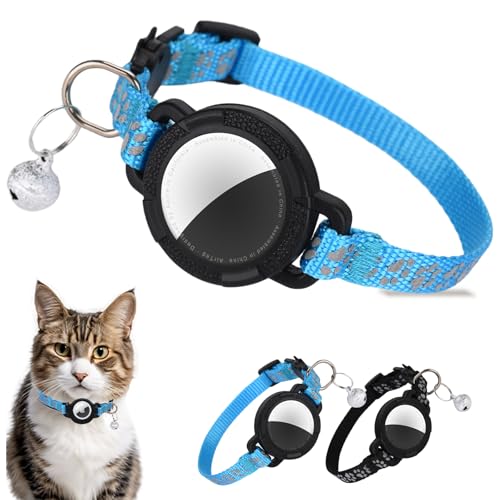 Reflective Cat Collar Compatible with Apple Air Tag, with Removable Bell & Breakaway Safety Buckle, Adjustable Kitten Collar with Paw Print Design, XS Size, SkyBlue - color: SkyBlue, size: XS(7-9in)