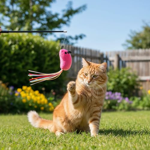 5PCS Premium Catwandtoy Accessories with Ribbons, Cat Mouse Toy for Indoor Catkitten Play Flopping Toy Filled Soft Plush Interactive No Catnip Feline Chew Plaything for Indoor Cats Kitten Exercise