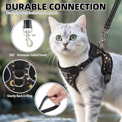 PUPTECK Cat Harness and Leash Set Escape Proof Reflective Cat Walking Harness Adjustable Soft Breathable Mesh Vest for Small Pets, Star&Moon, S - color: Black(Star&Moon), size: S (NECK 9.5"-11", CHEST 13"-16")