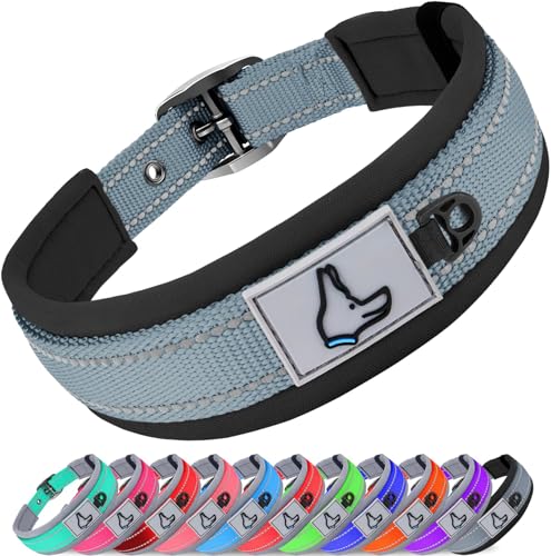 Joytale Dog Collar for Extra Large Dogs, Neoprene Padded and Adjustable, Reflective Wide Heavy Duty Pet Collars with Durable Metal Belt Buckle for Walking, Gray, XL - color: Gray, size: XL