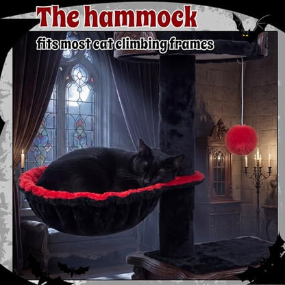Dansydaisy 3 Pack 14.6" Large Cat Tree Hammock Basket Bed Lounger Tower Replacement Parts with 6 Pcs Hanging Elastic Strings Pom Pom Toys, Cat Tree Accessories Hammock Attachment (Red and Black) - color: Red and Black, size: 14.6"