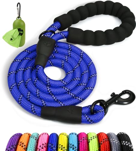 Taglory Rope Dog Leash 4 FT with Comfortable Padded Handle, Highly Reflective Threads Leash and Anti-Tangle Clip for Walking Medium Large Dogs, 1/2 inch, Navyblue - color: Navyblue, size: 1/2" x 4 FT (20~120 lbs.)