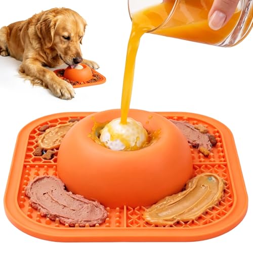 Slow Feeder Dog Bowls & Lick Mat for Liquid and Thick Treat, Anti-Slip Dog Lick Bowl with Interactive Rolling Ball, 5/6 Cup Pup Licking Toy for Large Medium Small Dogs and Cats Orange - color: Orange
