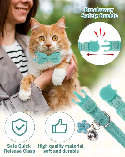 Cat Collar Breakaway with Bells, Soft Cotton Cat Bowtie Collar for Girl Boy Cats, Small Cats Collar with Bow for Spring Summer, 2 Pack Cute Kitten Collars with Removable Bowtie 8-12Inch - color: Green + Beige