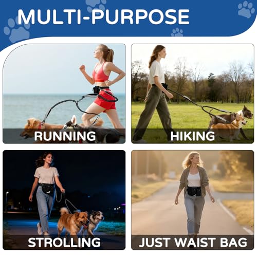 Skmeditec Hands Free Double Dog Leash with Waist Bag for Walking Two Dogs, Shock Absorbing Bungee Leash with Zipper Pouch for Running, Dual Padded Handles & Adjustable Waist Belt - size: 2 Dogs