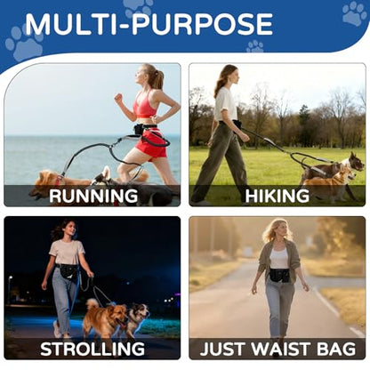Skmeditec Hands Free Double Dog Leash with Waist Bag for Walking Two Dogs, Shock Absorbing Bungee Leash with Zipper Pouch for Running, Dual Padded Handles & Adjustable Waist Belt - size: 2 Dogs