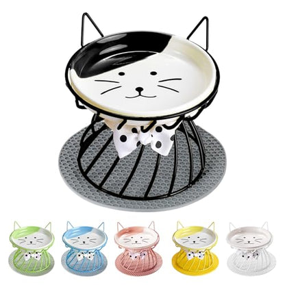 Elevated Cat Food Dish, Ceramic, Non-Slip Stand, Raised Feeding Station, 5 in, Shallow for Whiskers, Dishwasher Safe - color: Black