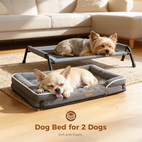 Outdoor Elevated Dog Beds for Small Dogs, Portable Indoor & Outdoor Cooling Raised Cot Pet Hammock Bed with Skid-Resistant Feet, Frame with Breathable Mesh - size: 31.7"L x 26.4"W x 8.7"Th