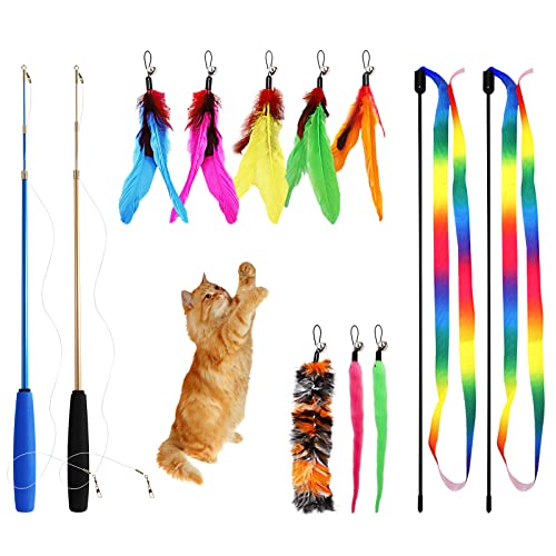 12PCS Interactive Kitten Toys, Retractable Indoor Cat Wand Toys with Replacement Teaser, Rainbow Ribbon and Make Exercise by Sunshinetop - color: Cat Feather Toys