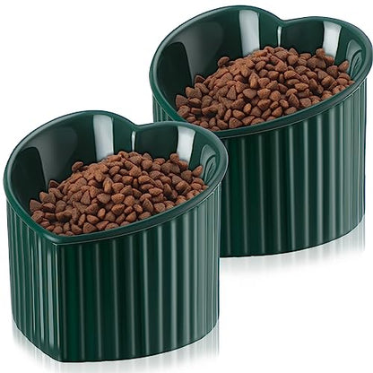 Mumufy 2 Pcs Ceramic Elevated Cat Bowls Tilted Elevated Raised Pet Bowls Anti Vomit Cat Dish for Indoor Stress Free Water Dish Feeder for Puppies, Heart Shaped(Peacock Green) - color: Peacock Green