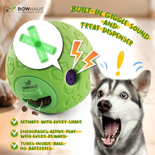 BOWHAUS Giggle Ball for Dogs, 5.5 Inch Interactive Treat Dispensing Ball, Indestructible Fun Squeaky Dog Chew Exercise Toy, Non-Toxic Durable PVC Wobble Giggle Toy for Indoor Outdoor Play - style: Treat Ball - Classic Style