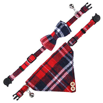 Faleela Breakaway Cat Collar with Bells - 2 Pack Cat Collar with Bells, Cat Collars with Bandana, Accessories for Pet Collars, Adjustable for Cats and Small Dogs - color: Red bow+bandana