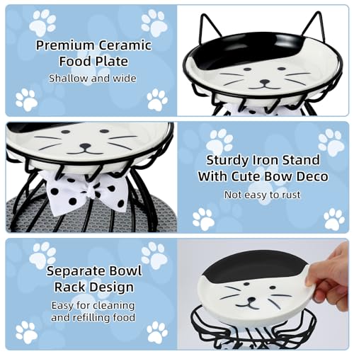 2PCS Ceramic Elevated Cat Bowls, Raised Pet Food Bowl Whisker Friendly, Anti-Vomiting Food Plate with Cute Metal Stand, Shallow Food Plate for Indoor Cat, Protects Spine - color: Black set of 2