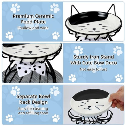 2PCS Ceramic Elevated Cat Bowls, Raised Pet Food Bowl Whisker Friendly, Anti-Vomiting Food Plate with Cute Metal Stand, Shallow Food Plate for Indoor Cat, Protects Spine - color: Black set of 2