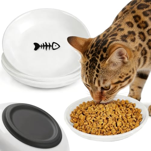 Non-Slip Cat Food Bowls - 3 Pack Whisker Fatigue Ceramic Cats Dishes Set for Indoor Cats, Shallow Wide Kitten Plates for Wet Food and Water, Microwave & Dishwasher Safe - color: Black Silicone Base, size: 3 PCS