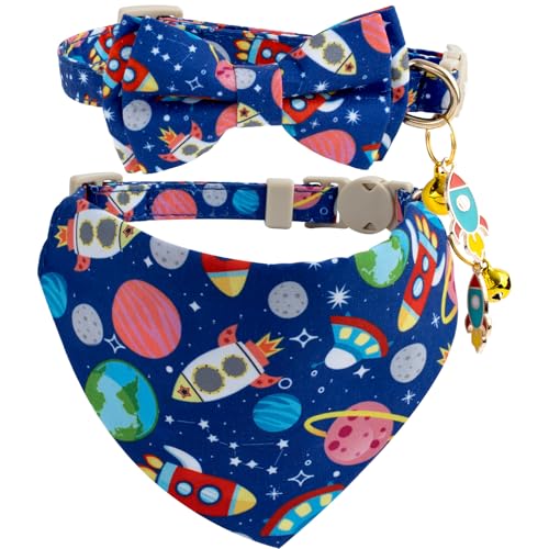 Faygarsle 2 Pack Space Theme Cat Collar Set with Bandana and Bow Tie, Breakaway Safety Buckle, Navy Blue with Rockets - color: Blue Space