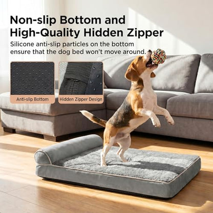 Orthopedic Dog Bed for Medium to Large Dogs 40 x 24Inch, Egg-Crate Memory Foam Pet Bed with Pillow, Comfortable Dog Couch with Removable Washable Arctic Velvet Cover, Waterproof Non-Slip Bottom Gray - size: 39.4" L x 23.7" W x 7.5" H--One side