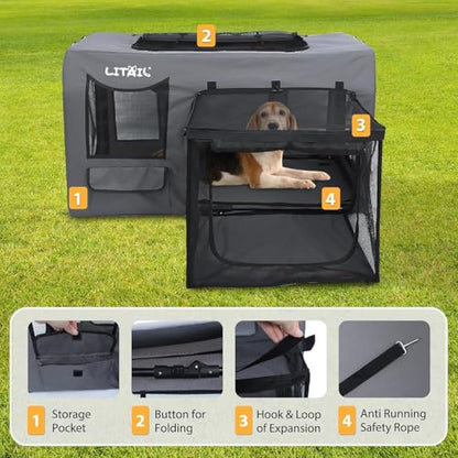 Extra Large Dog Crate for Large&Medium Dogs, Portable Dog Travel Crate for Multi-Cat Families & Small Dog Owners, Puppies, 39 Inch Foldable Portable Pet Crate with 600D Oxford for Outdoor Kennel