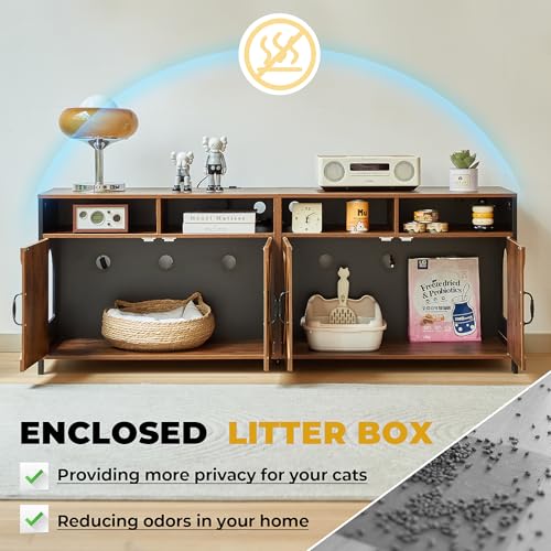 Double Cat Litter Box Enclosure for 2 Cats, 63" Hidden Litter Box Furniture with Outlet Power, Farmhouse Large Litter Box Cabinet TV Stand, 63 x 17.7 x 23.6 in, Black Brown