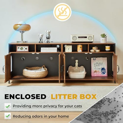 Double Cat Litter Box Enclosure for 2 Cats, 63" Hidden Litter Box Furniture with Outlet Power, Farmhouse Large Litter Box Cabinet TV Stand, 63 x 17.7 x 23.6 in, Black Brown