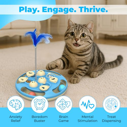 3 in 1 Cat Treat Puzzle Feeder, Level 3 Interactive Cat Puzzle Toy with Track Balls, Feather Teaser & Slow Feeder Insert, Non-Slip Base, Mental Stimulation for Bored Indoor Cats, Blue - color: Blue