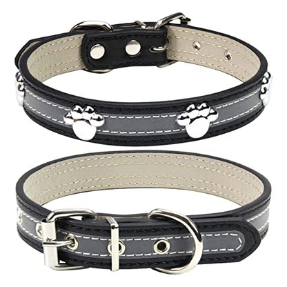 PETCARE Reflective Dog Collar with Cute Paw Rivet Studded Funny Soft PU Leather Adjustable Puppy Dog Collars for Small Medium Large Dogs Cats (Black,Small) - color: Black, size: S( Neck 7.48"-9.84")