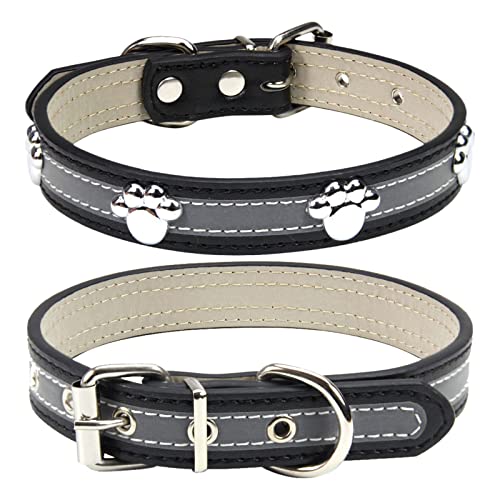 PETCARE Reflective Dog Collar with Cute Paw Rivet Studded Funny Soft PU Leather Adjustable Puppy Dog Collars for Small Medium Large Dogs Cats (Black,X-Large) - color: Black, size: XL( Neck 13.77"-17.32")