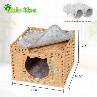 Handwoven Rattan Cat Cave w/Two Cushions, Cat Beds Indoor Kitten House, Wateproof & Foldable Pet Cube Bed, Natural Color, 16.5”L x 16.5”W x 12.6”H - color: Natural