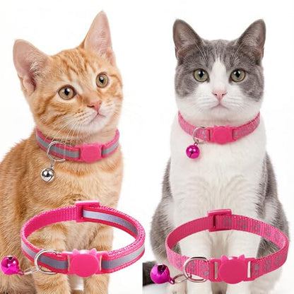 Hot Pink Kitten Collar with Bells, [2 Pack] Light Blue Break Away Cat Collar with Bells, Reflective Cat Collar for Boy Cats Kitty - color: Hot Pink