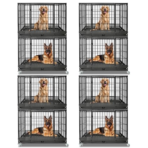 4 Pack Two Tiers 47 Inch Heavy Duty Dog Crate for Large Dogs, Stackable Chew-Proof Drop Cage for Dog with 4 Lockable Wheels, Escape Proof Auto-Lock & Buckle, Double-Access Wide Door Dog Kennel Indoor - size: 47 Inch-8 Pack