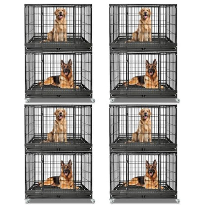 4 Pack Two Tiers 47 Inch Heavy Duty Dog Crate for Large Dogs, Stackable Chew-Proof Drop Cage for Dog with 4 Lockable Wheels, Escape Proof Auto-Lock & Buckle, Double-Access Wide Door Dog Kennel Indoor - size: 47 Inch-8 Pack
