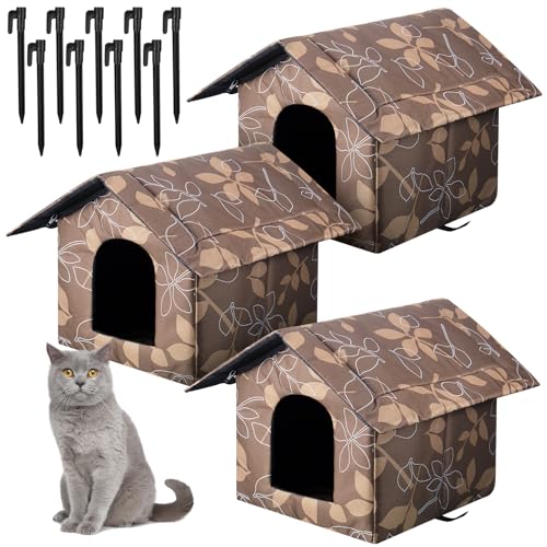 Soaoo 3 Pcs Cat Houses for Outdoor Stray Cats Shelter Weatherproof Outside House Indoor Foldable Pet Cave with Tent Stakes for Wild Animal Dogs(Leaves Style) - style: Leaves Style